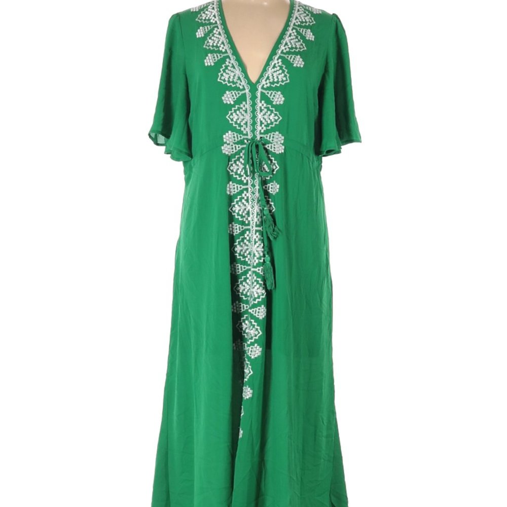 Green Embroidered Casual Summer Midi Dress